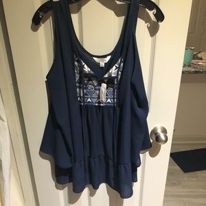 Navy cold shoulder Aztec pattern top
